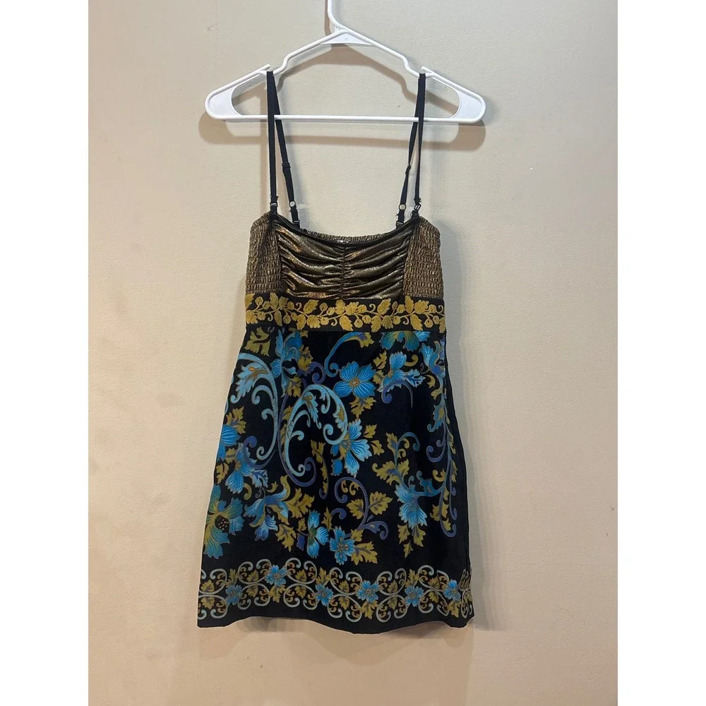 Free People Boho Floral Lost in Paradise Mini Dress Gold Metallic Smocked Blk 4